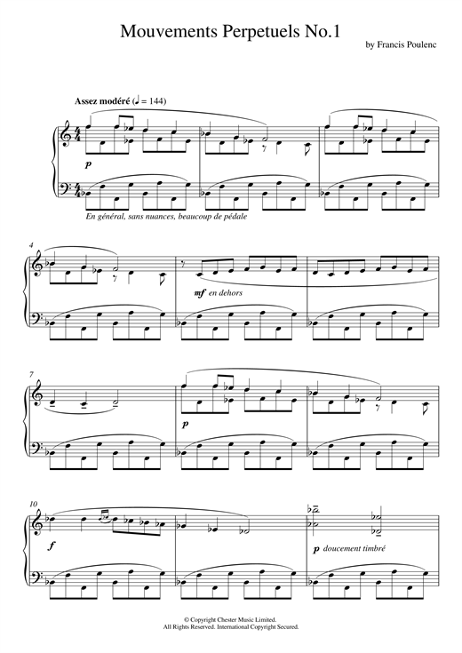 Learn to play Francis Poulenc Mouvement Perpetuel No. 1 sheet music for Piano Solo in minutes. Francis Poulenc Mouvement Perpetuel No. 1 sheet music notes and chords