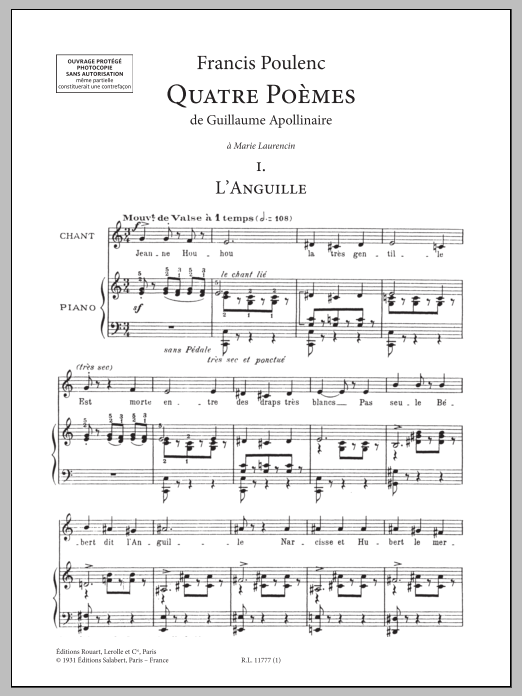 Learn to play Francis Poulenc Quatre Poèmes de Guillaume Apollinaire sheet music for Piano & Vocal in minutes. Price: 11.9700$ Francis Poulenc Quatre Poèmes de Guillaume Apollinaire sheet music notes and chords arranged for Piano & Vocal