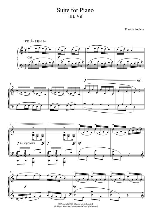 Learn to play Francis Poulenc Suite for Piano - III. Vif sheet music for Piano Solo in minutes. Francis Poulenc Suite for Piano - III. Vif sheet music notes and chords. Download Printable PDF.