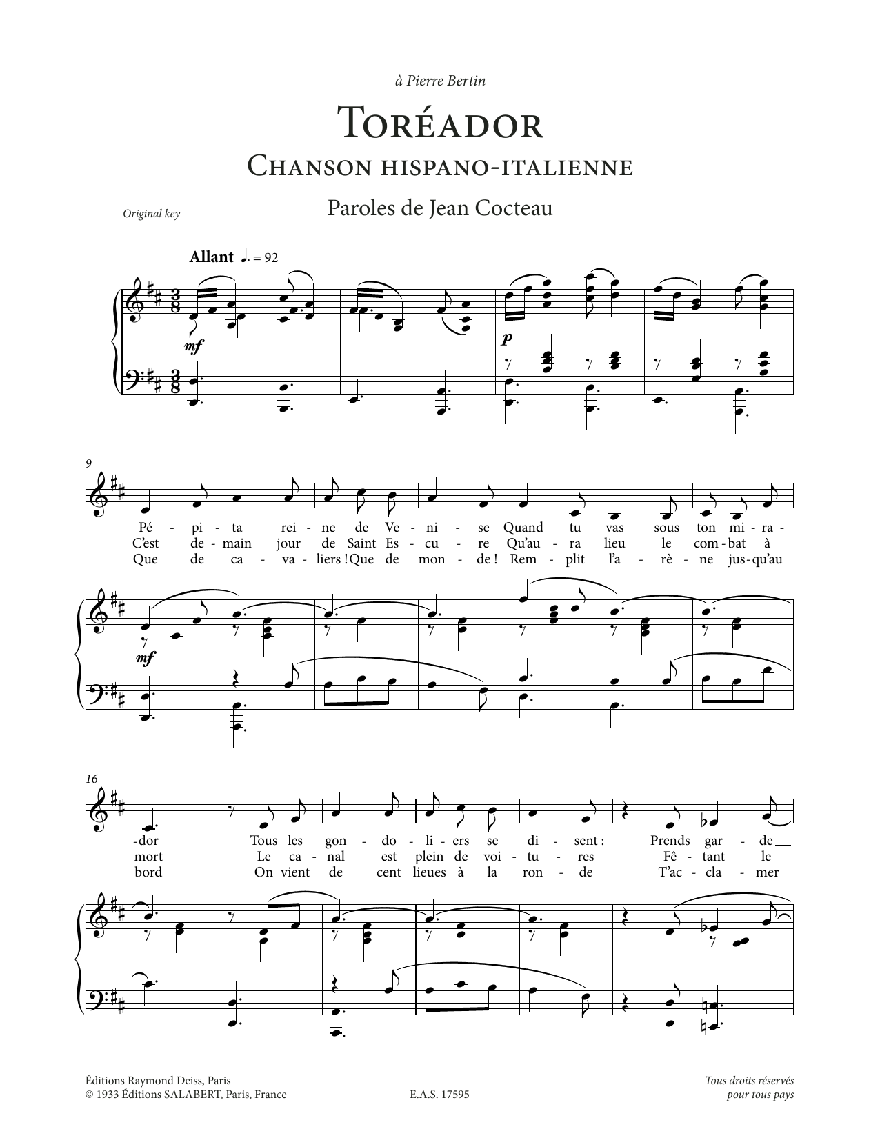 Francis Poulenc Toréador sheet music notes and chords. Download Printable PDF.