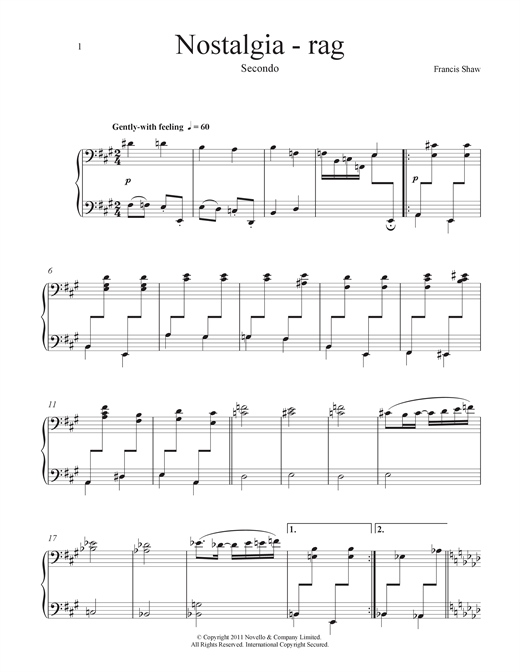 Learn to play Francis Shaw Nostalgia (Rag) sheet music for Piano Duet in minutes. Price: 7.8900$ Francis Shaw Nostalgia (Rag) sheet music notes and chords. Download Printable PDF.