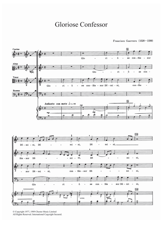 Learn to play Francisco Guerrero Gloriose Confessor sheet music for Choir in minutes. Price: 3.9900$ Francisco Guerrero Gloriose Confessor sheet music notes and chords arranged for Choir