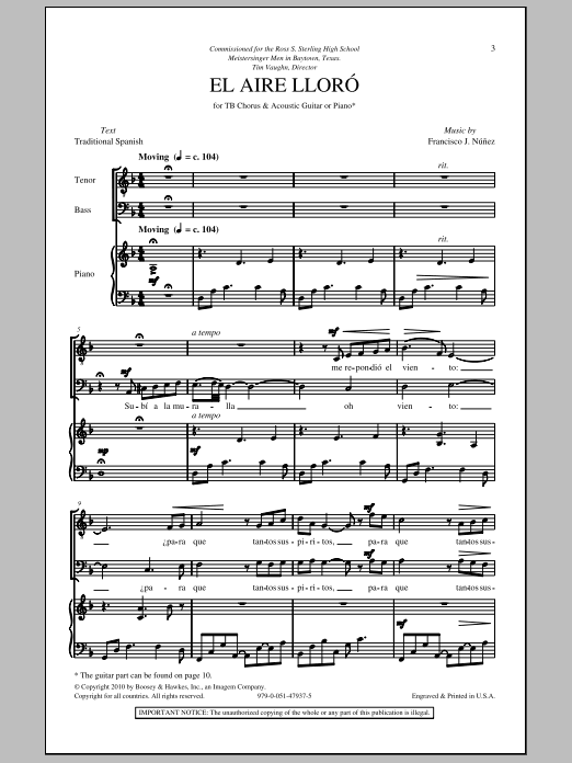 Learn to play Francisco J. Nunez El Aire Lloro sheet music for TB Choir in minutes. Price: 3.9900$ Francisco J. Nunez El Aire Lloro sheet music notes and chords arranged for TB Choir
