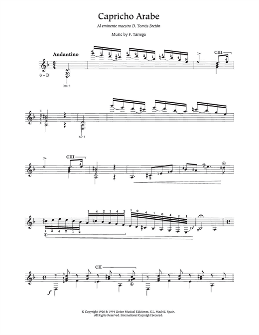 Learn to play Francisco Tarrega Capricho Árabe sheet music for Solo Guitar in minutes. Francisco Tarrega Capricho Árabe sheet music notes and chords. Download Printable PDF.