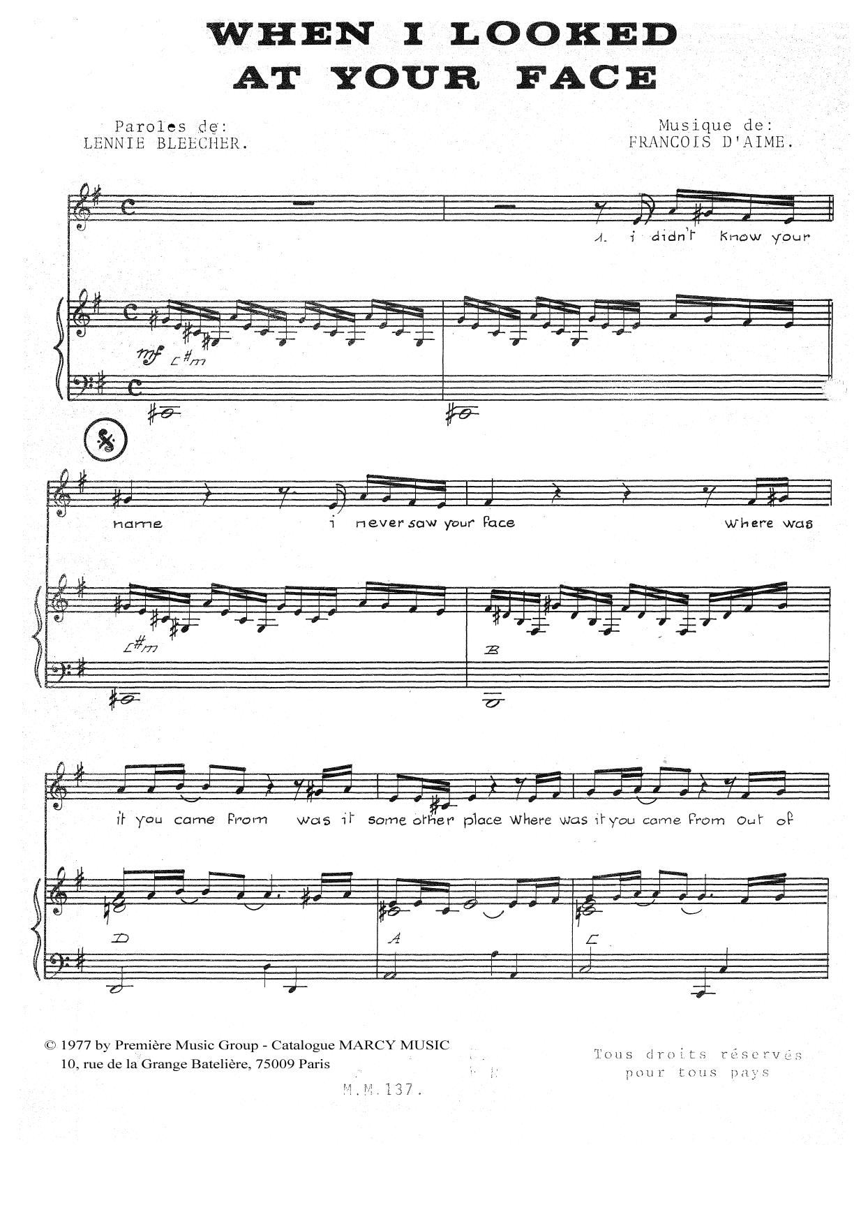 François d'Aime When I Looked At Your Face sheet music notes and chords. Download Printable PDF.