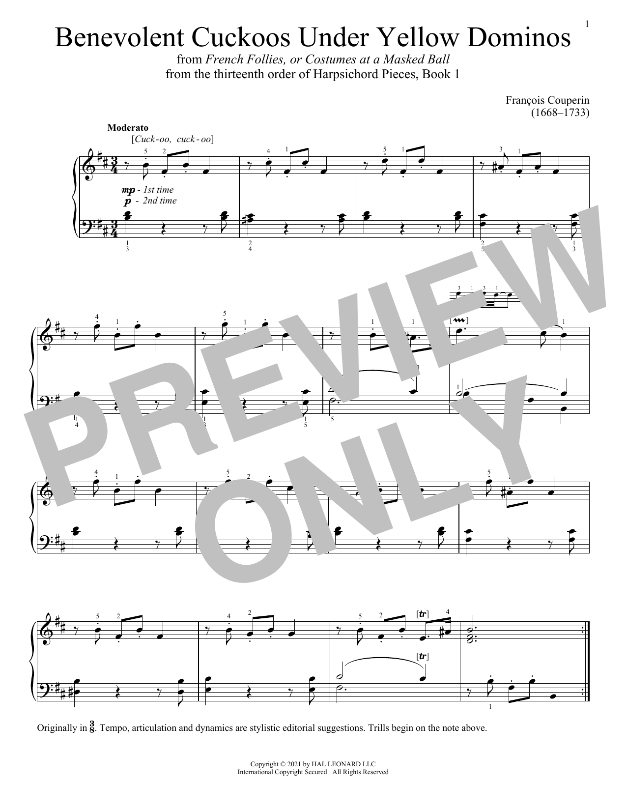 Learn to play Francois Couperin Benevolent Cuckoos Under Yellow Dominos sheet music for Piano Solo in minutes. Price: 7.8900$ Francois Couperin Benevolent Cuckoos Under Yellow Dominos sheet music notes and chords arranged for Piano Solo