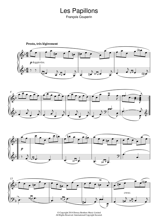 Learn to play Francois Couperin Les Papillons sheet music for Piano Solo in minutes. Francois Couperin Les Papillons sheet music notes and chords. Download Printable PDF.