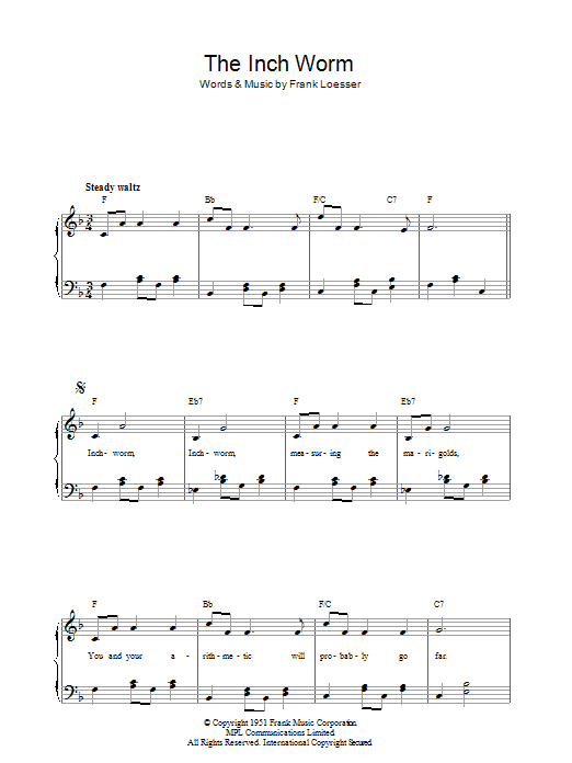 Frank Loesser The Inch Worm sheet music notes and chords. Download Printable PDF.