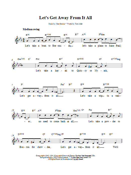Tom Adair Let's Get Away From It All sheet music notes and chords - Download Printable PDF and start playing in minutes.