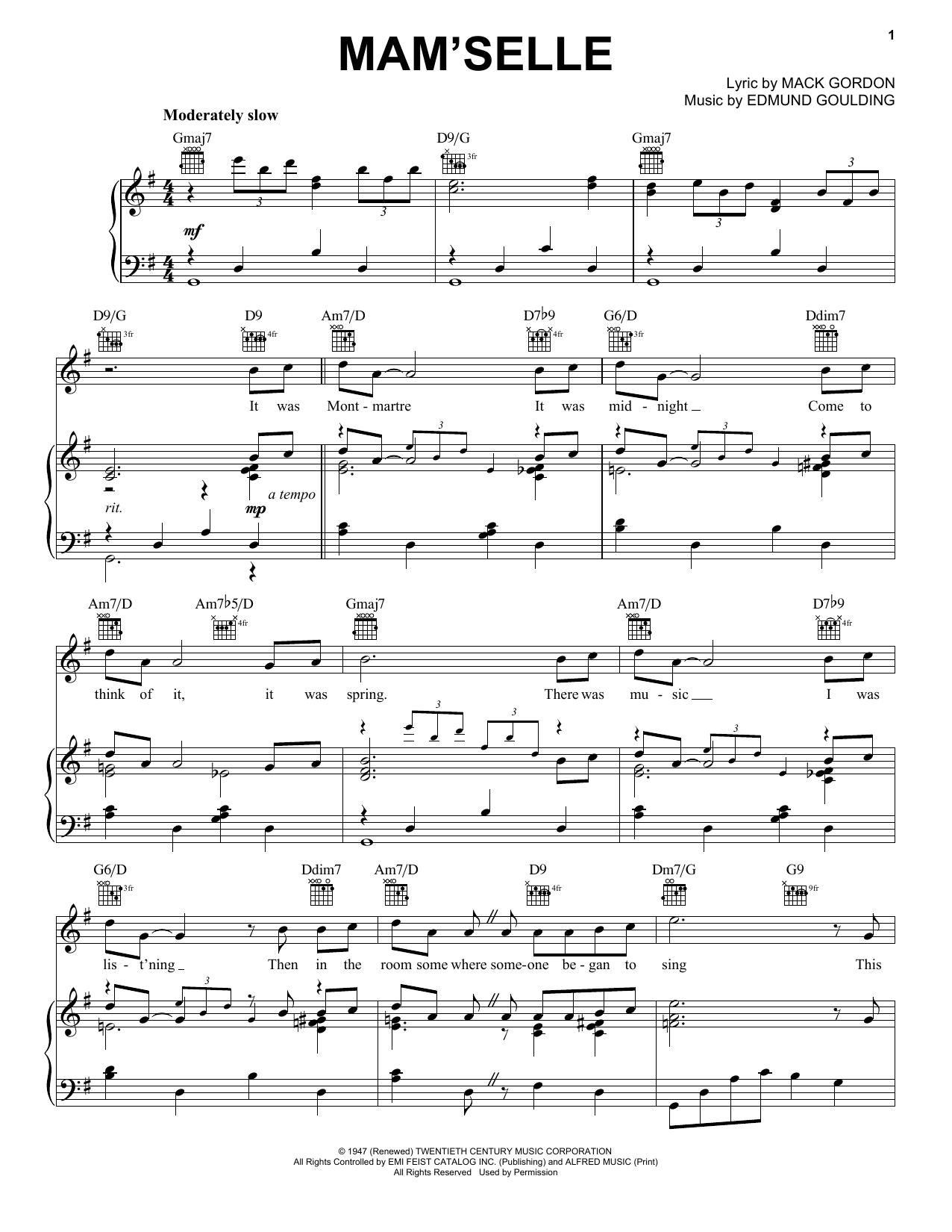 Frank Sinatra Mam'selle sheet music notes and chords. Download Printable PDF.