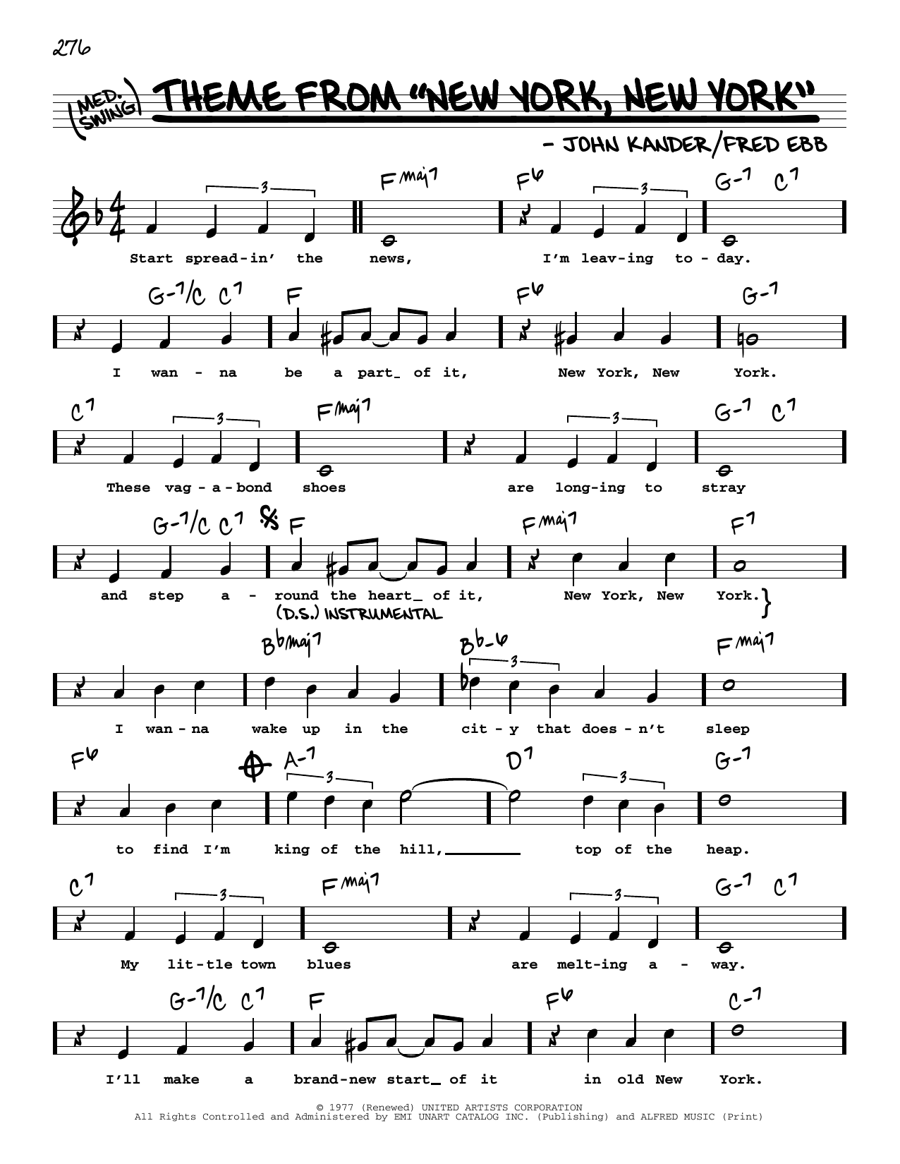 Theme From New York, New York (High Voice) Sheet Music by Frank