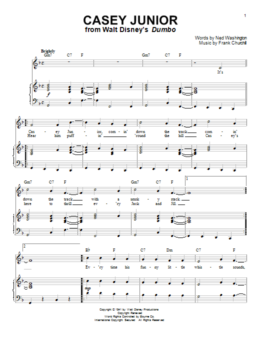 Frank Churchill Casey Junior sheet music notes and chords. Download Printable PDF.