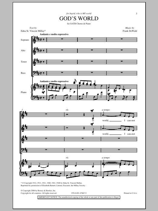 Frank DeWald God's World sheet music notes and chords arranged for SATB Choir