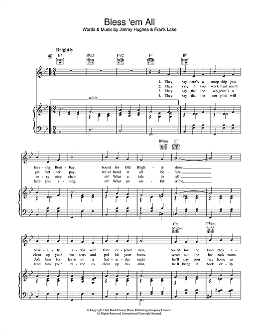 Learn to play Frank Lake Bless 'Em All sheet music for Piano, Vocal & Guitar (Right-Hand Melody) in minutes. Frank Lake Bless 'Em All sheet music notes and chords. Download Printable PDF.