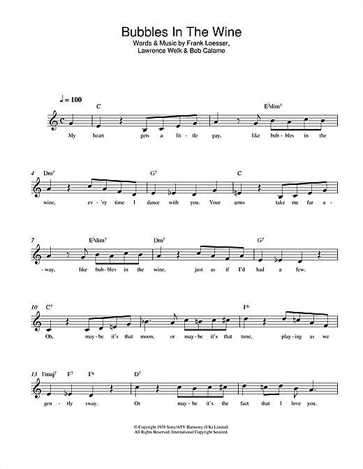 Learn to play Frank Loesser Bubbles In The Wine sheet music for Lead Sheet / Fake Book in minutes. Frank Loesser Bubbles In The Wine sheet music notes and chords. Download Printable PDF.