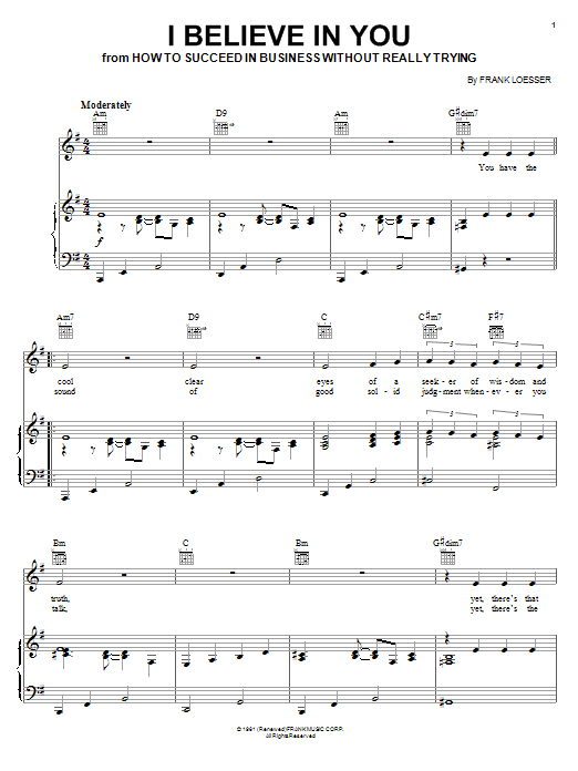 Learn to play Frank Loesser I Believe In You sheet music for Easy Piano in minutes. Frank Loesser I Believe In You sheet music notes and chords. Download Printable PDF.