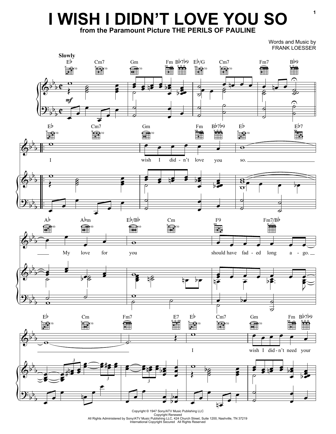 Learn to play Frank Loesser I Wish I Didn't Love You So sheet music for Easy Lead Sheet / Fake Book in minutes. Price: 5.9900$ Frank Loesser I Wish I Didn't Love You So sheet music notes and chords arranged for Easy Lead Sheet / Fake Book