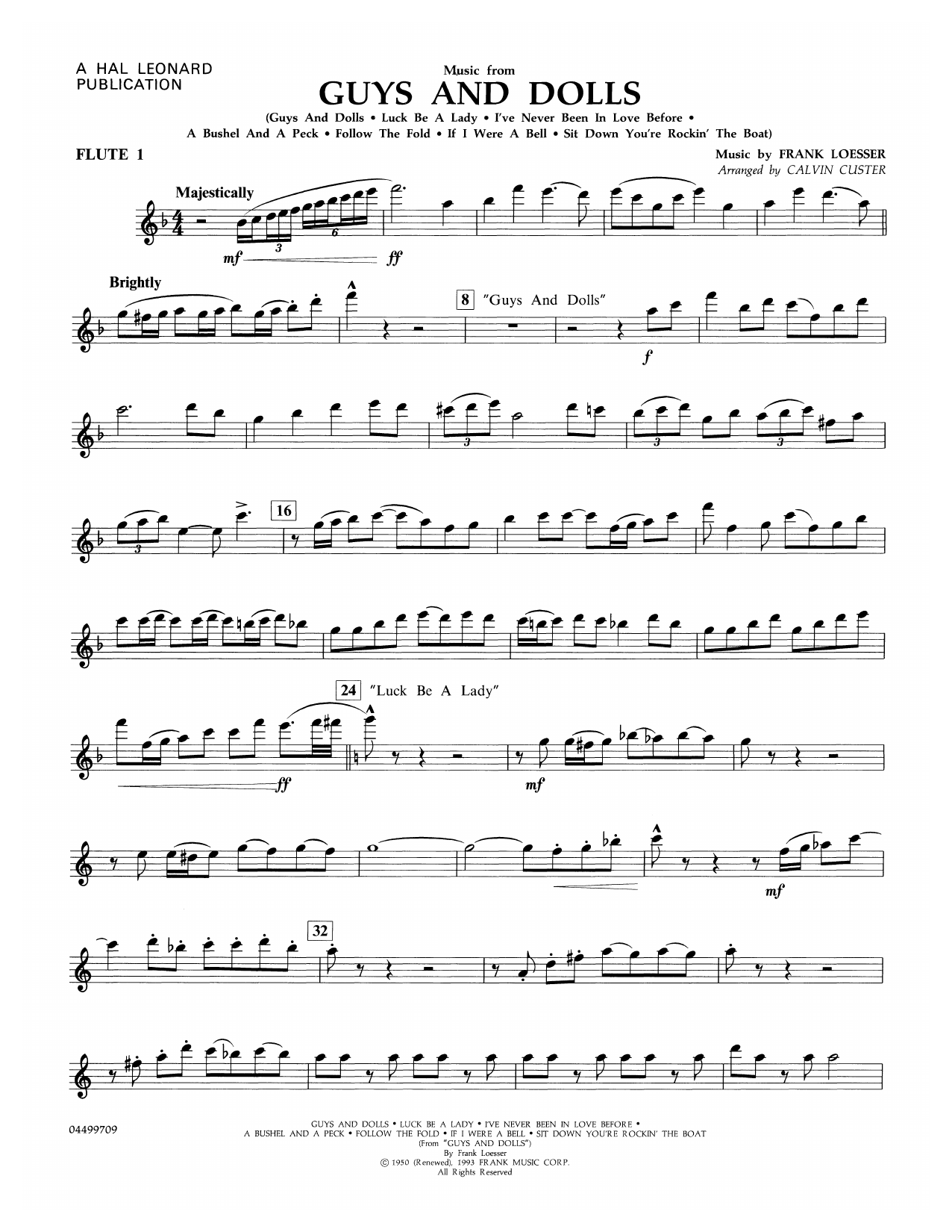 Learn to play Frank Loesser Music from Guys and Dolls (arr. Calvin Custer) - Flute 1 sheet music for Full Orchestra in minutes. Frank Loesser Music from Guys and Dolls (arr. Calvin Custer) - Flute 1 sheet music notes and chords. Download Printable PDF.