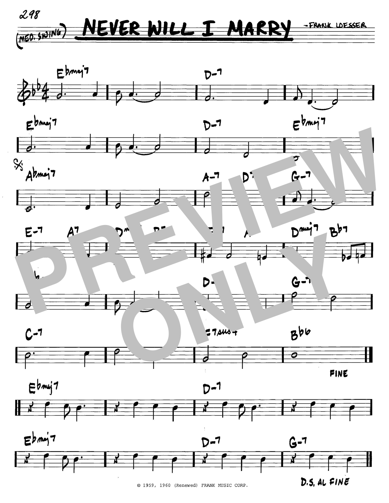 Frank Loesser Never Will I Marry sheet music notes and chords. Download Printable PDF.