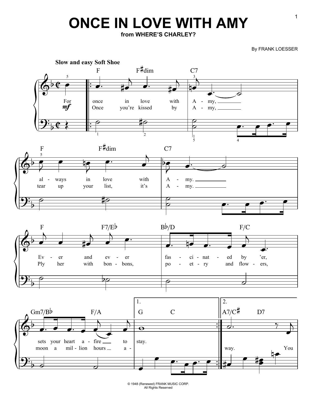 Learn to play Frank Loesser Once In Love With Amy (from Where's Charley?) sheet music for Piano Chords/Lyrics in minutes. Price: 3.9900$ Frank Loesser Once In Love With Amy (from Where's Charley?) sheet music notes and chords arranged for Piano Chords/Lyrics