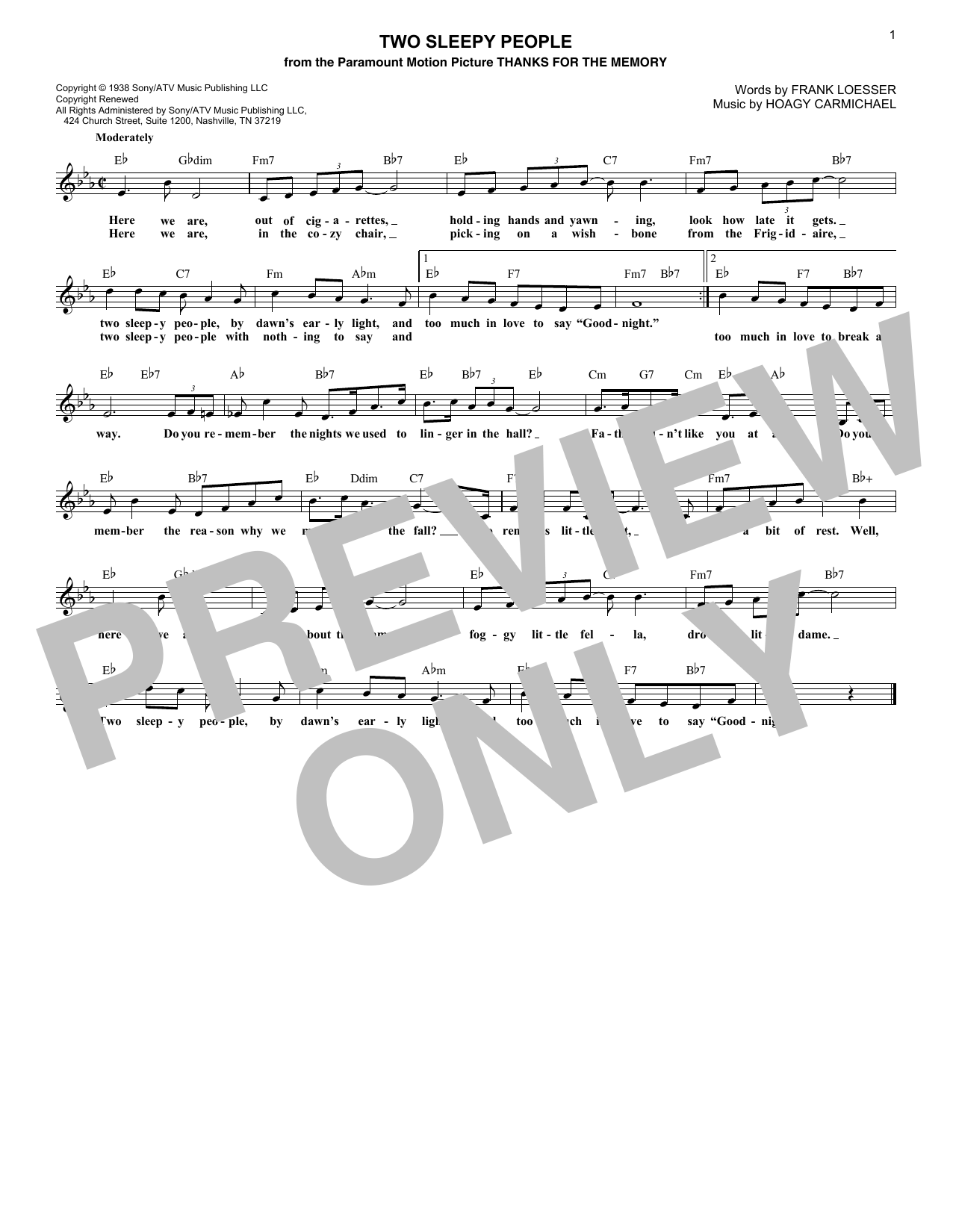 Frank Loesser Two Sleepy People sheet music notes and chords. Download Printable PDF.