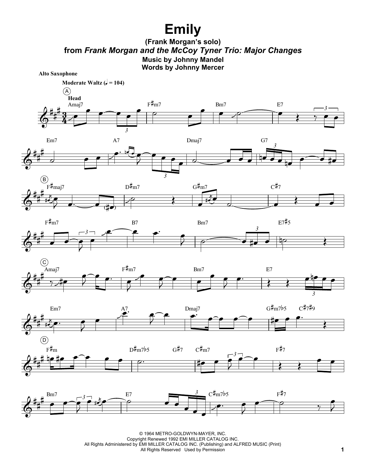 Frank Morgan Emily sheet music notes and chords. Download Printable PDF.