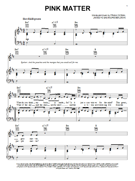 Frank Ocean Pink Matter sheet music notes and chords. Download Printable PDF.
