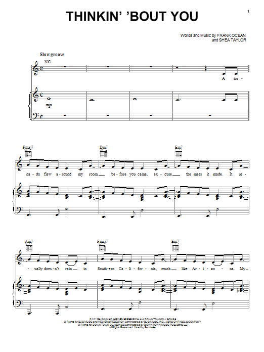 Frank Ocean Thinkin' 'Bout You sheet music notes and chords. Download Printable PDF.