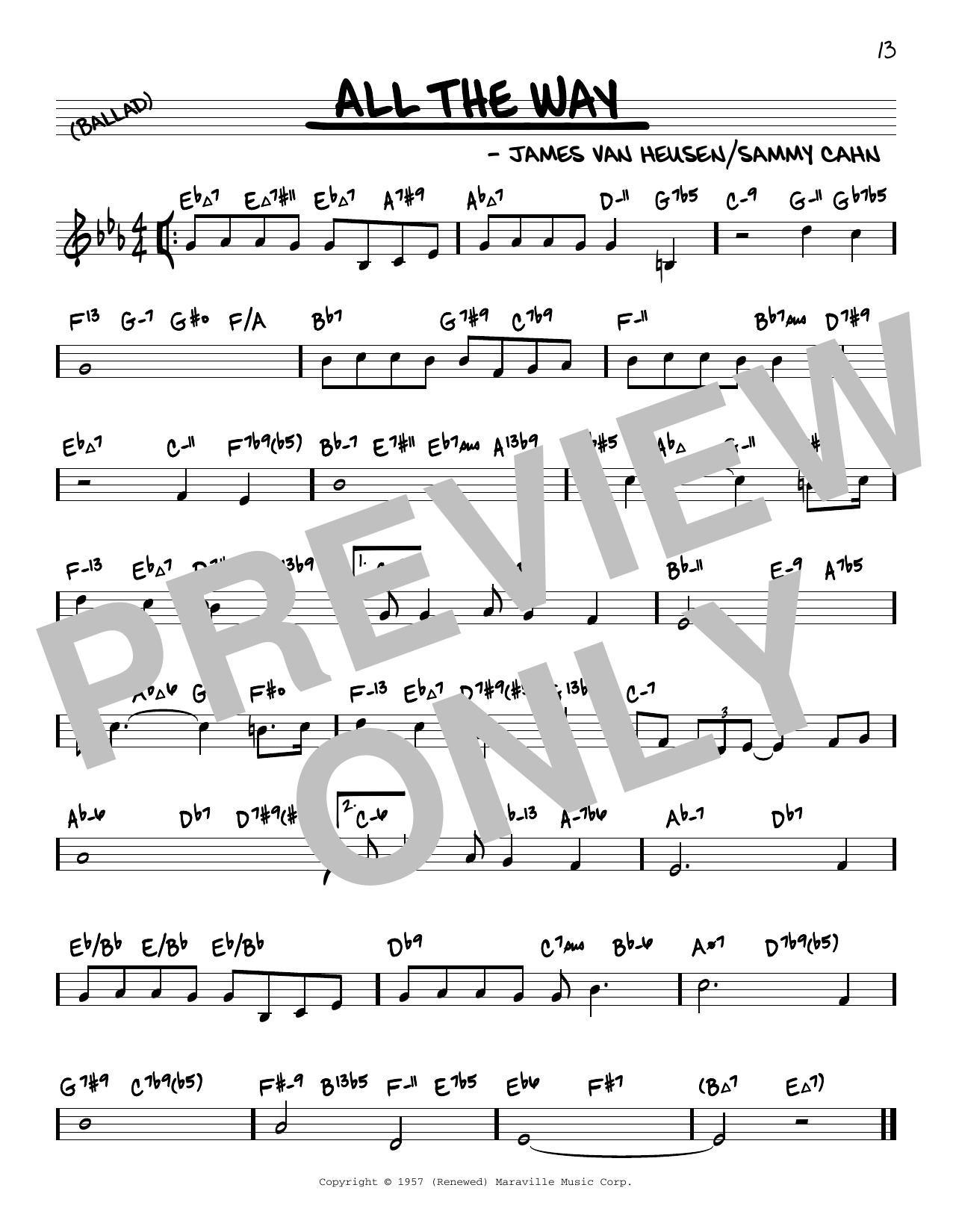 Learn to play Frank Sinatra All The Way (arr. David Hazeltine) sheet music for Real Book – Enhanced Chords in minutes. Price: 5.9900$ Frank Sinatra All The Way (arr. David Hazeltine) sheet music notes and chords arranged for Real Book – Enhanced Chords