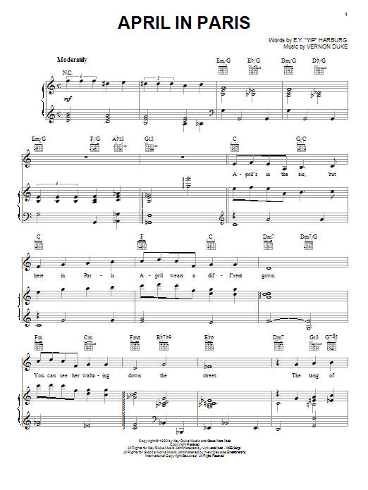 Preview Frank Sinatra April In Paris Folk sheet music, notes and chords for Piano, Vocal & Guitar (Right-Hand Melody), SKU: 16747 sheet music, piano notes, chords, guitar tabs, score, transpose, transcribe, how to play, guide, download, learn, tutorial, progression, song, artist, awards, billboard, mtv, vh1, tour, single, album, release