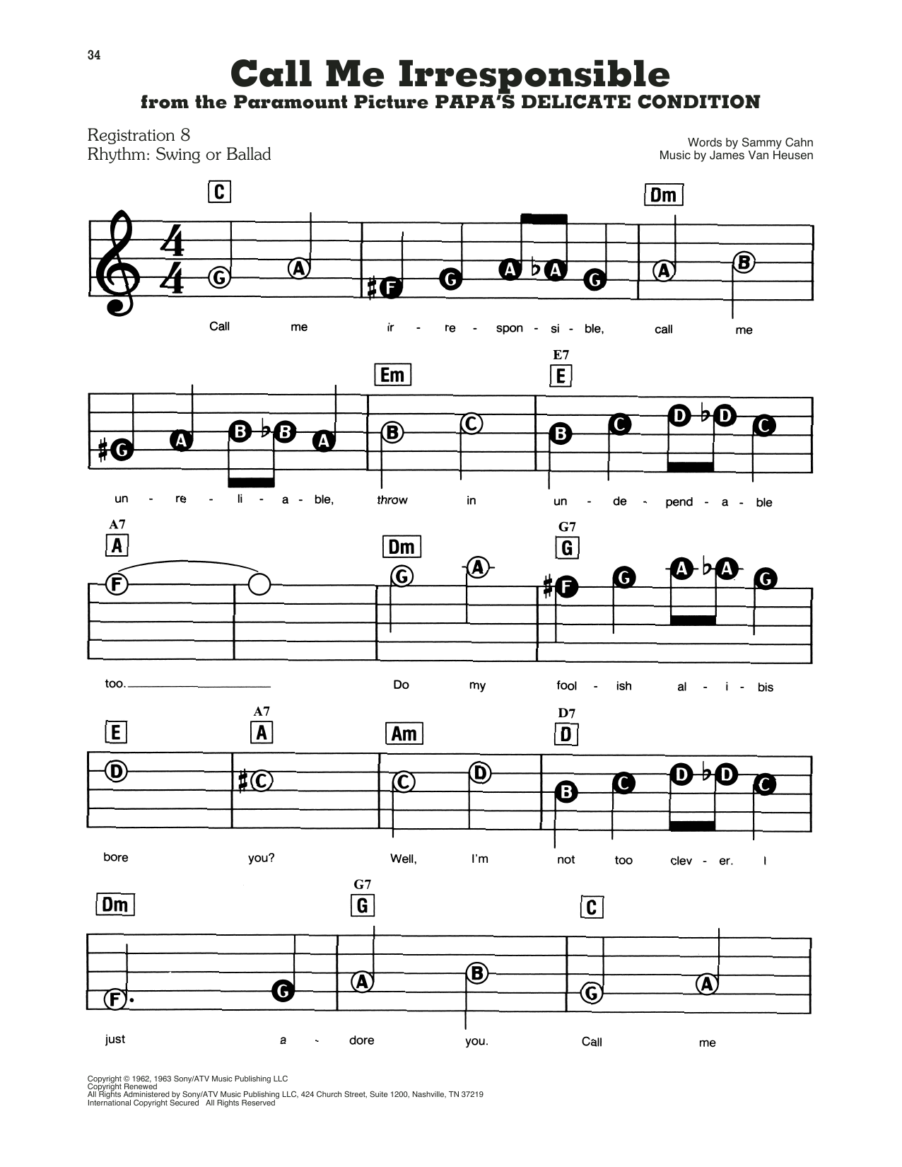 Frank Sinatra Call Me Irresponsible sheet music notes and chords. Download Printable PDF.