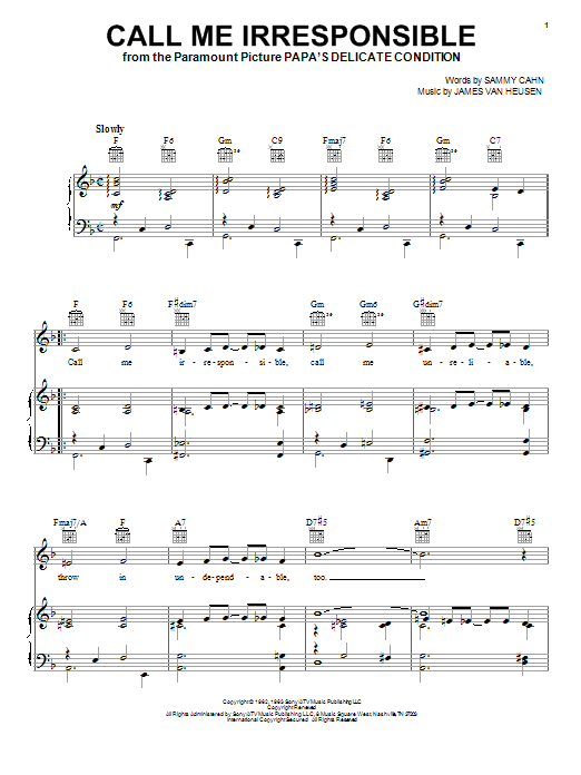 Learn to play Frank Sinatra Call Me Irresponsible sheet music for Real Book – Melody, Lyrics & Chords – C Instruments in minutes. Frank Sinatra Call Me Irresponsible sheet music notes and chords. Download Printable PDF.