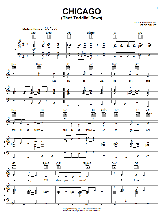 Preview Frank Sinatra Chicago (That Toddlin' Town) Jazz sheet music, notes and chords for Piano, Vocal & Guitar (Right-Hand Melody), SKU: 16346 sheet music, piano notes, chords, guitar tabs, score, transpose, transcribe, how to play, guide, download, learn, tutorial, progression, song, artist, awards, billboard, mtv, vh1, tour, single, album, release