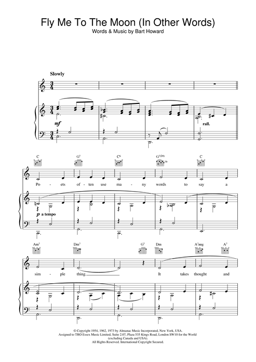 Preview Frank Sinatra Fly Me To The Moon (In Other Words) Folk sheet music, notes and chords for Piano, Vocal & Guitar (Right-Hand Melody), SKU: 26251 sheet music, piano notes, chords, guitar tabs, score, transpose, transcribe, how to play, guide, download, learn, tutorial, progression, song, artist, awards, billboard, mtv, vh1, tour, single, album, release