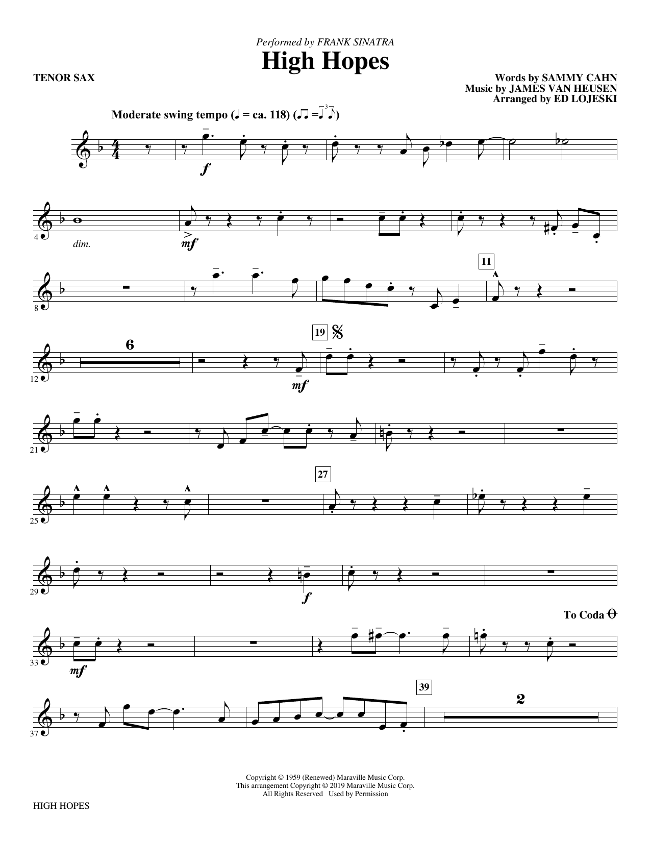 Frank Sinatra High Hopes Arr Ed Lojeski Bb Tenor Saxophone Sheet Music Notes Chords Download Printable Choir Instrumental Pak Sku 413360