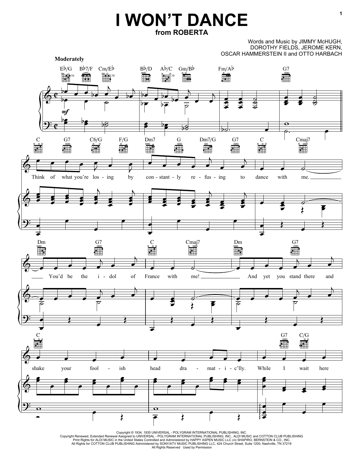 Frank Sinatra I Won't Dance sheet music notes and chords. Download Printable PDF.