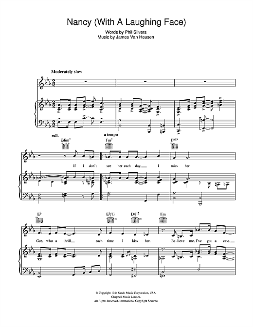 Learn to play Frank Sinatra Nancy (With The Laughing Face) sheet music for Piano, Vocal & Guitar (Right-Hand Melody) in minutes. Price: 7.8900$ Frank Sinatra Nancy (With The Laughing Face) sheet music notes and chords. Download Printable PDF.