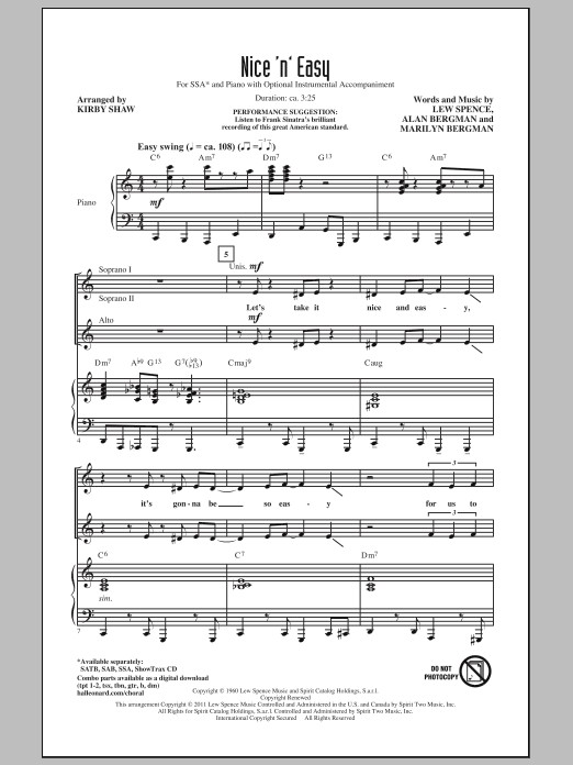 Learn to play Frank Sinatra Nice 'n' Easy (arr. Kirby Shaw) sheet music for SAB Choir in minutes. Frank Sinatra Nice 'n' Easy (arr. Kirby Shaw) sheet music notes and chords. Download Printable PDF.
