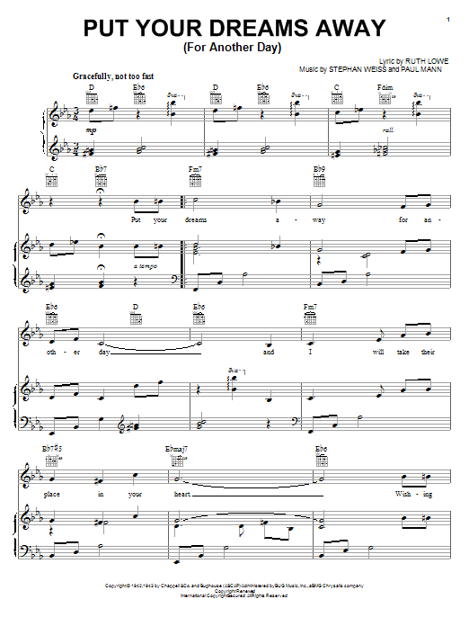 Learn to play Frank Sinatra Put Your Dreams Away (For Another Day) sheet music for Alto Sax Solo in minutes. Price: 6.9900$ Frank Sinatra Put Your Dreams Away (For Another Day) sheet music notes and chords arranged for Alto Sax Solo