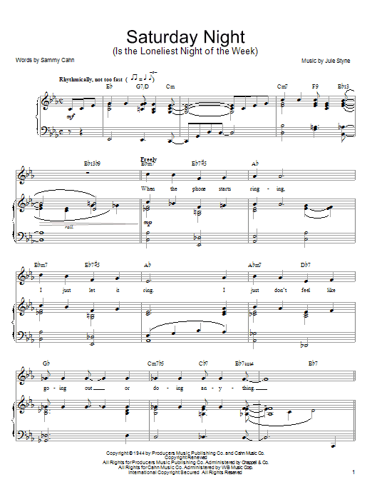 Learn to play Frank Sinatra Saturday Night (Is The Loneliest Night Of The Week) sheet music for Piano, Vocal & Guitar (Right-Hand Melody) in minutes. Frank Sinatra Saturday Night (Is The Loneliest Night Of The Week) sheet music notes and chords. Download Printable PDF.