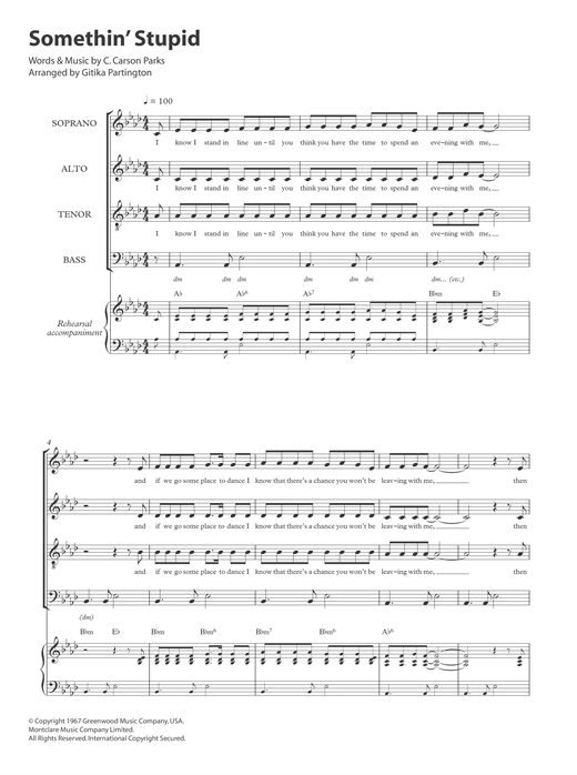 Learn to play Frank Sinatra Somethin' Stupid (arr. Gitika Partington) sheet music for SATB Choir in minutes. Frank Sinatra Somethin' Stupid (arr. Gitika Partington) sheet music notes and chords. Download Printable PDF.