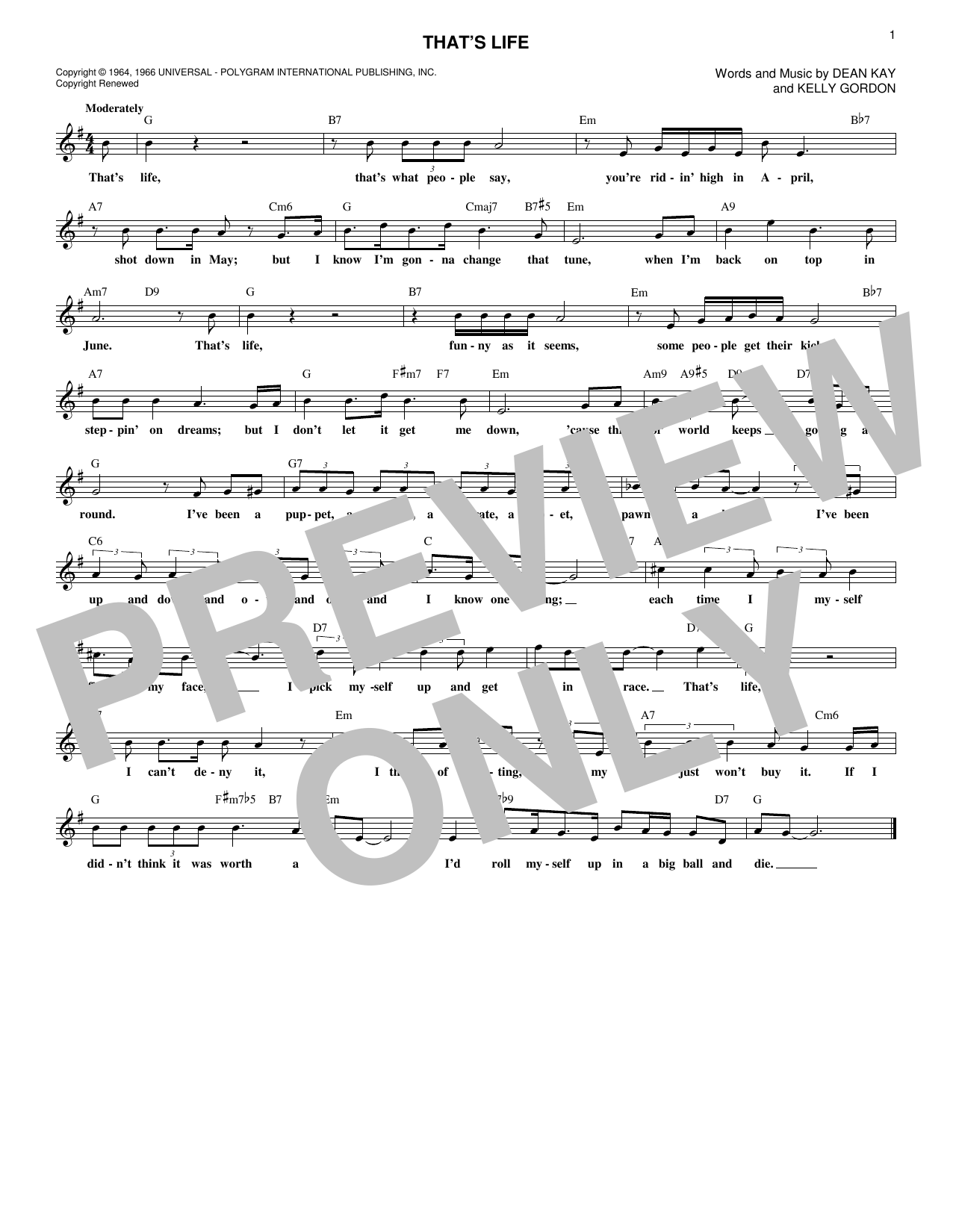 Frank Sinatra That's Life sheet music notes and chords. Download Printable PDF.