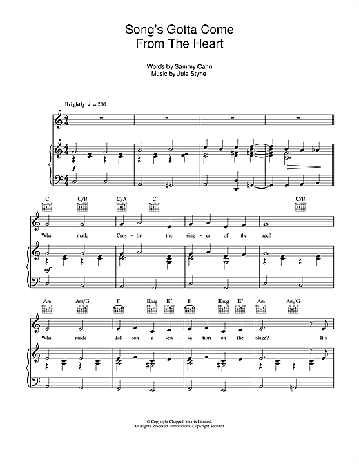 Learn to play Frank Sinatra The Song's Gotta Come From The Heart sheet music for Piano, Vocal & Guitar (Right-Hand Melody) in minutes. Price: 7.8900$ Frank Sinatra The Song's Gotta Come From The Heart sheet music notes and chords. Download Printable PDF.