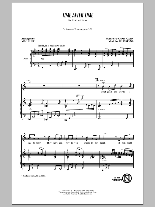 Learn to play Frank Sinatra Time After Time (arr. Mac Huff) sheet music for SSA Choir in minutes. Price: 3.9900$ Frank Sinatra Time After Time (arr. Mac Huff) sheet music notes and chords arranged for SSA Choir