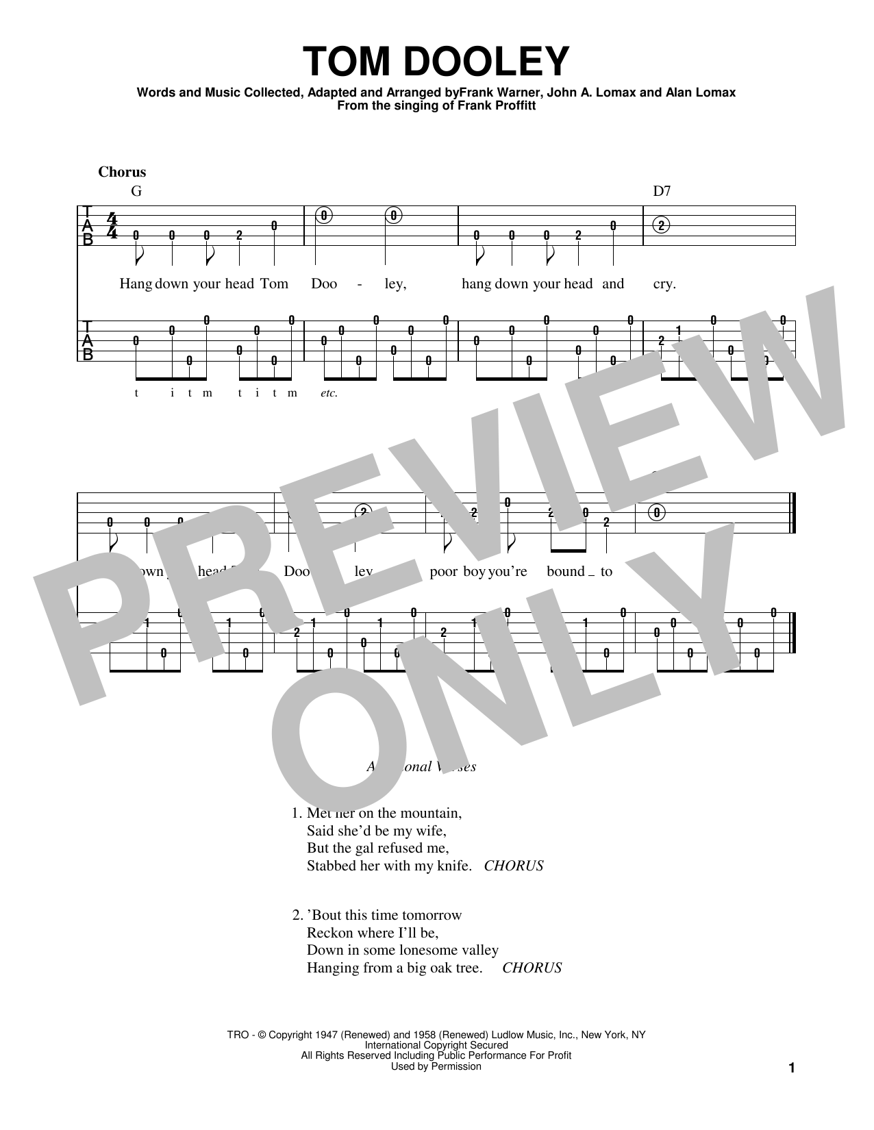 Frank Warner Tom Dooley sheet music notes and chords. Download Printable PDF.