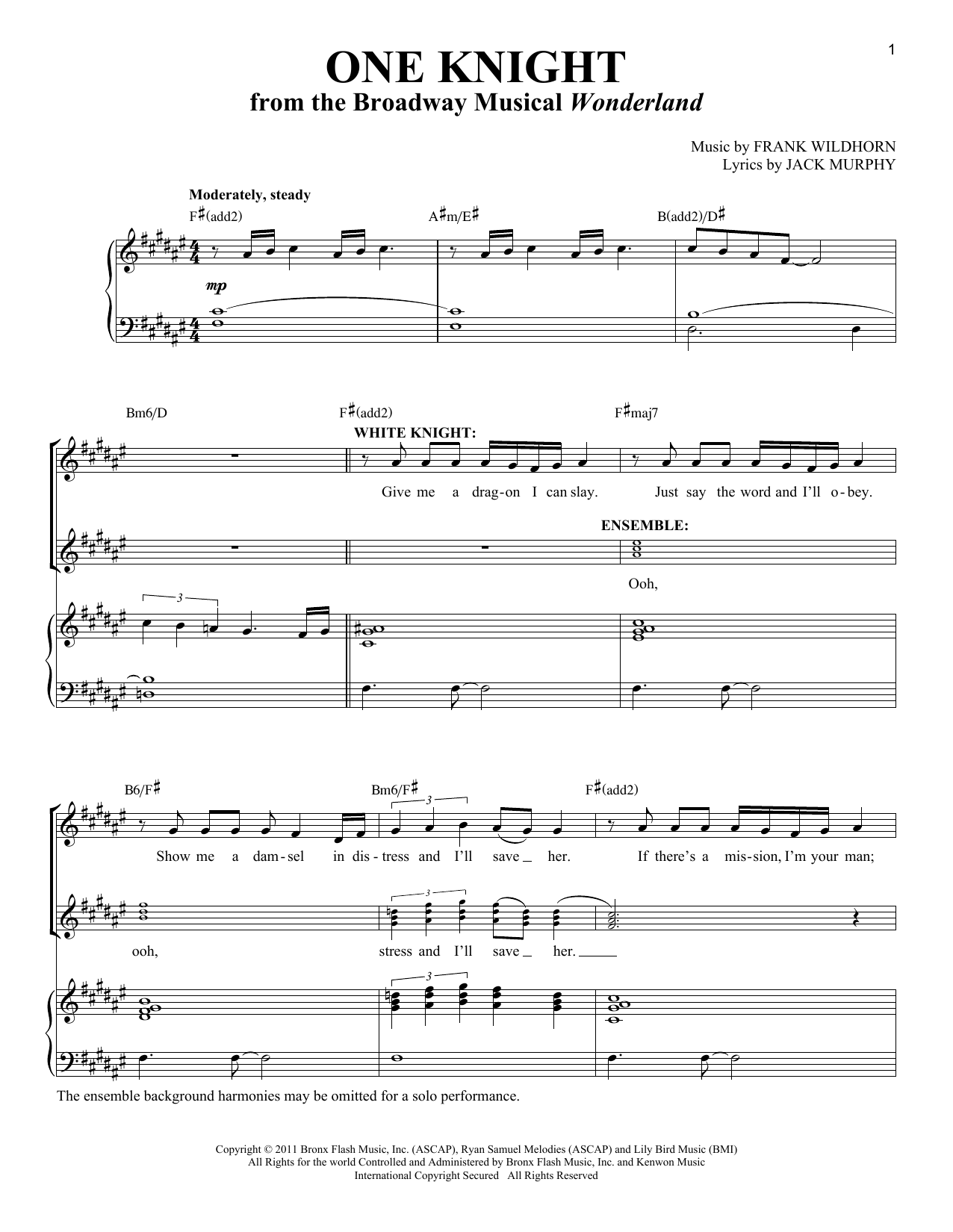 Frank Wildhorn One Knight sheet music notes and chords. Download Printable PDF.