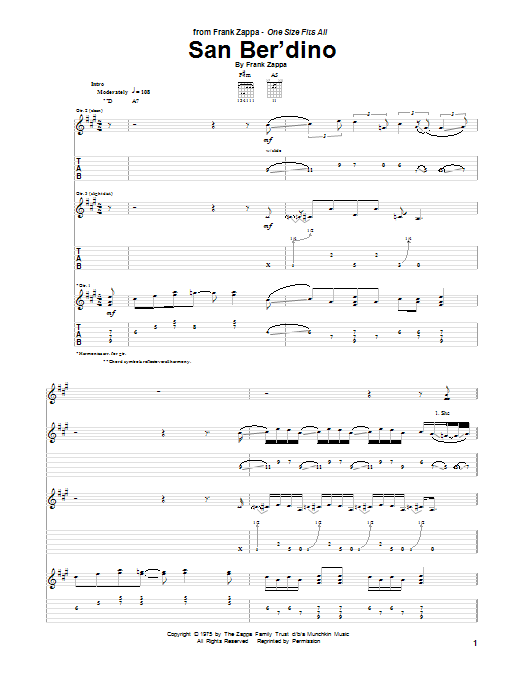 Frank Zappa San Ber'dino sheet music notes and chords. Download Printable PDF.