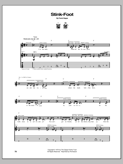 Frank Zappa Stink-Foot sheet music notes and chords. Download Printable PDF.