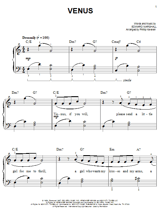 Learn to play Frankie Avalon Venus (arr. Phillip Keveren) sheet music for Easy Piano in minutes. Frankie Avalon Venus (arr. Phillip Keveren) sheet music notes and chords