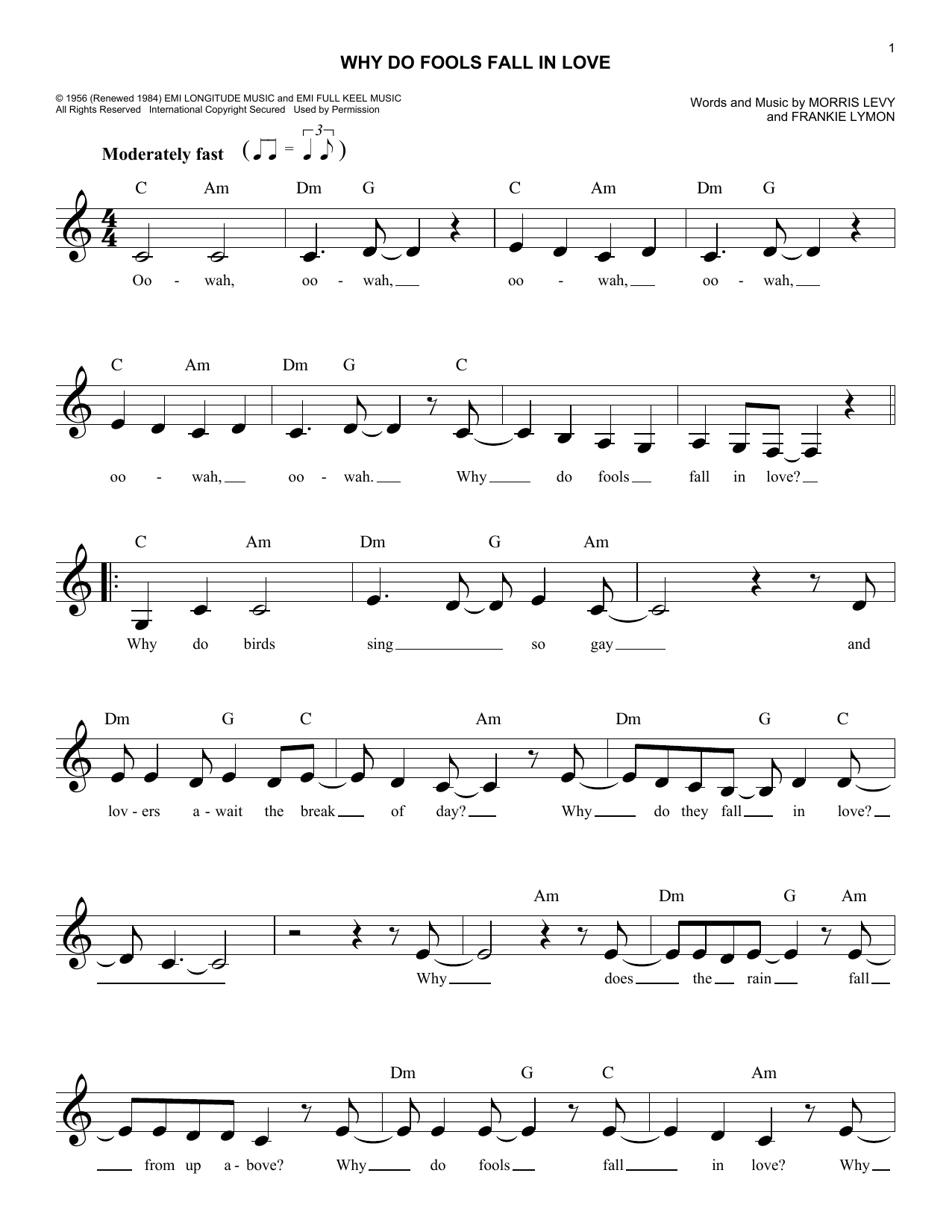 Frankie Lymon & The Teenagers Why Do Fools Fall In Love sheet music notes and chords. Download Printable PDF.